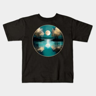 Teal Blue Lake Full Moon Rustic Reflections Kids T-Shirt